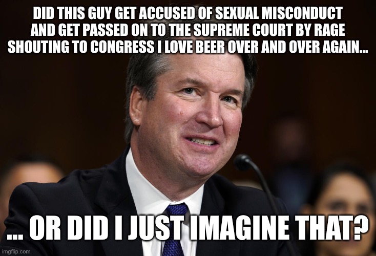 Hold My Beer | DID THIS GUY GET ACCUSED OF SEXUAL MISCONDUCT AND GET PASSED ON TO THE SUPREME COURT BY RAGE SHOUTING TO CONGRESS I LOVE BEER OVER AND OVER AGAIN…; … OR DID I JUST IMAGINE THAT? | image tagged in hold my beer | made w/ Imgflip meme maker