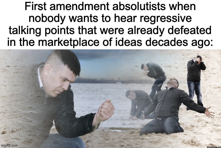 There's a reason we don't treat geocentrists and flat earthers with the same credibility as actual astronomers. | image tagged in twitter,free speech,first amendment,guy with sand in the hands of despair | made w/ Imgflip meme maker
