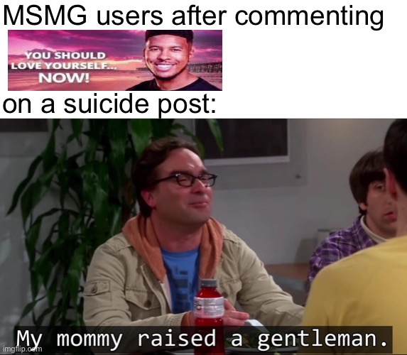 My mommy raised a gentleman | MSMG users after commenting
 
 
on a suicide post: | image tagged in my mommy raised a gentleman | made w/ Imgflip meme maker