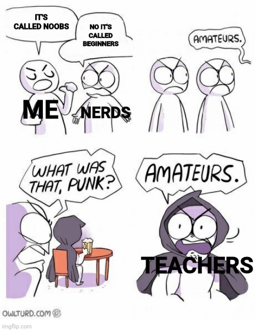 Scool | IT'S CALLED NOOBS; NO IT'S CALLED BEGINNERS; ME; NERDS; TEACHERS | image tagged in amateurs,yes | made w/ Imgflip meme maker