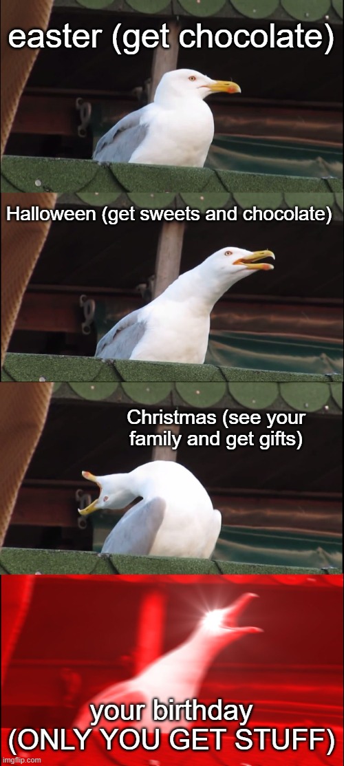 Inhaling Seagull | easter (get chocolate); Halloween (get sweets and chocolate); Christmas (see your family and get gifts); your birthday (ONLY YOU GET STUFF) | image tagged in memes,inhaling seagull | made w/ Imgflip meme maker