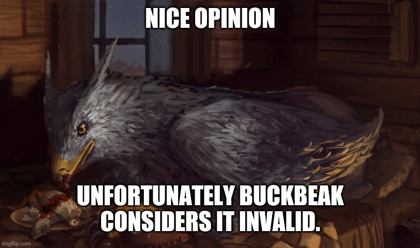 Buckbeak | NICE OPINION UNFORTUNATELY BUCKBEAK CONSIDERS IT INVALID. | image tagged in buckbeak | made w/ Imgflip meme maker