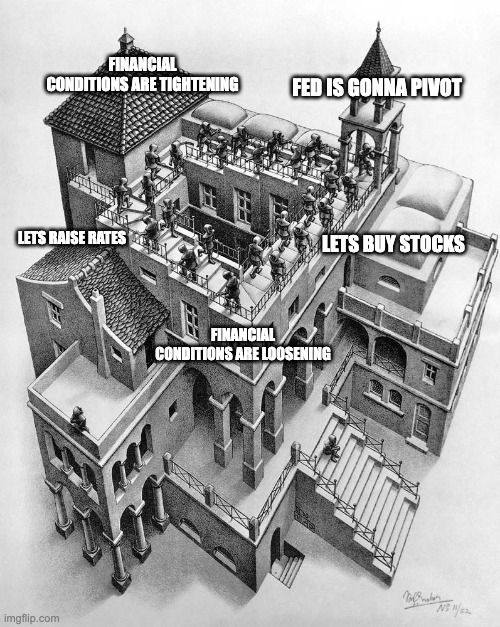 Fed Pivot | FINANCIAL CONDITIONS ARE TIGHTENING; FED IS GONNA PIVOT; LETS RAISE RATES; LETS BUY STOCKS; FINANCIAL CONDITIONS ARE LOOSENING | image tagged in escher | made w/ Imgflip meme maker