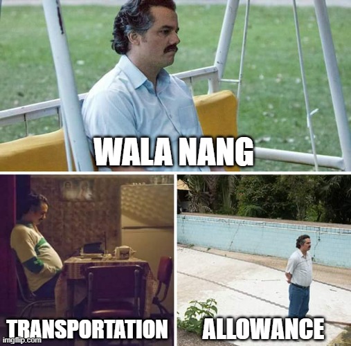 Wala nang transportation allowance | WALA NANG; TRANSPORTATION; ALLOWANCE | image tagged in memes,sad pablo escobar | made w/ Imgflip meme maker