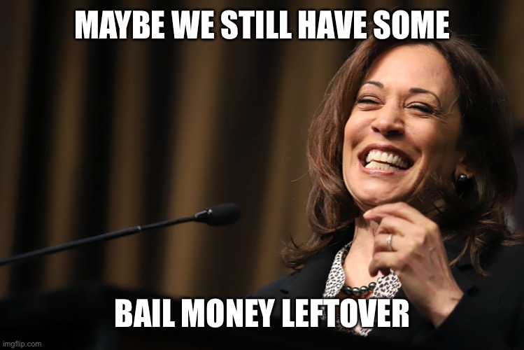 Kamala Harris Laughing | MAYBE WE STILL HAVE SOME BAIL MONEY LEFTOVER | image tagged in kamala harris laughing | made w/ Imgflip meme maker