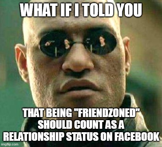 What if i told you | WHAT IF I TOLD YOU; THAT BEING "FRIENDZONED" SHOULD COUNT AS A RELATIONSHIP STATUS ON FACEBOOK | image tagged in what if i told you,meme,memes | made w/ Imgflip meme maker