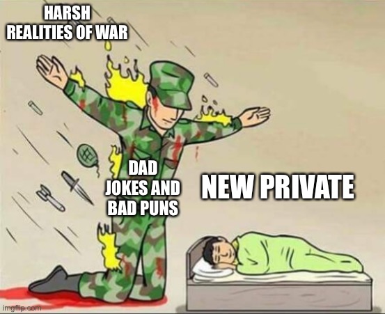 Soldier protecting sleeping child | HARSH REALITIES OF WAR; DAD JOKES AND BAD PUNS; NEW PRIVATE | image tagged in soldier protecting sleeping child | made w/ Imgflip meme maker