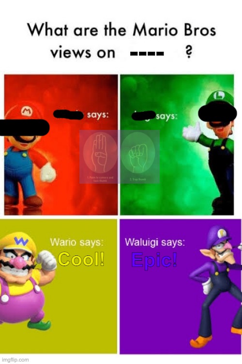 What are the [REDACTED] Bros views on ---- | ----; Cool! Epic! | image tagged in mario bros views,mario,wario,waluigi,luigi,help me | made w/ Imgflip meme maker