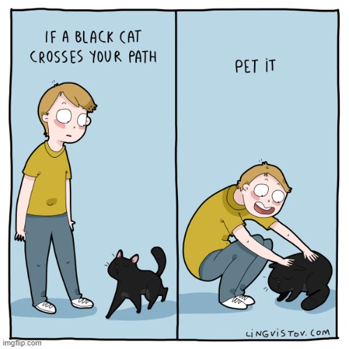 A Cat Guy's Way Of Thinking | image tagged in memes,comics,black cat,cross,path,pet  it | made w/ Imgflip meme maker