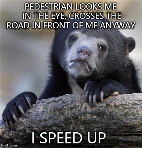 Confession Bear Meme | PEDESTRIAN LOOKS ME IN THE EYE, CROSSES THE ROAD IN FRONT OF ME ANYWAY  I SPEED UP | image tagged in memes,confession bear,AdviceAnimals | made w/ Imgflip meme maker