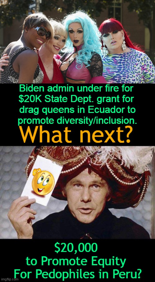 Endless possibilities to waste our tax dollars . . . | Biden admin under fire for 
$20K State Dept. grant for 
drag queens in Ecuador to
promote diversity/inclusion. | image tagged in political meme,taxpayer,waste,diversity,equity,political humor | made w/ Imgflip meme maker