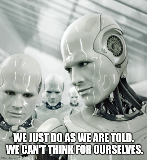 Robots Meme | WE JUST DO AS WE ARE TOLD.  WE CAN'T THINK FOR OURSELVES. | image tagged in memes,robots | made w/ Imgflip meme maker