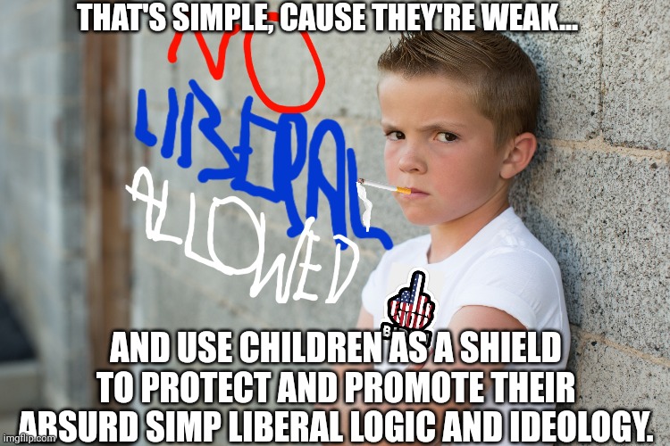 THAT'S SIMPLE, CAUSE THEY'RE WEAK... AND USE CHILDREN AS A SHIELD TO PROTECT AND PROMOTE THEIR ABSURD SIMP LIBERAL LOGIC AND IDEOLOGY. | made w/ Imgflip meme maker