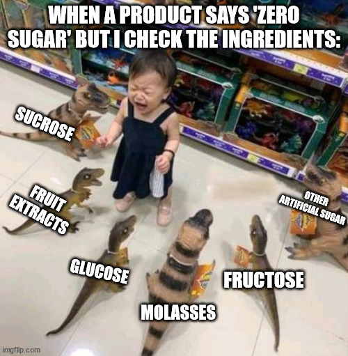 Those sneaky companies | WHEN A PRODUCT SAYS 'ZERO SUGAR' BUT I CHECK THE INGREDIENTS:; SUCROSE; OTHER ARTIFICIAL SUGAR; FRUIT EXTRACTS; GLUCOSE; FRUCTOSE; MOLASSES | image tagged in overwhelmed girl,sugar,lies,sad but true,sad truth,dinosaur | made w/ Imgflip meme maker