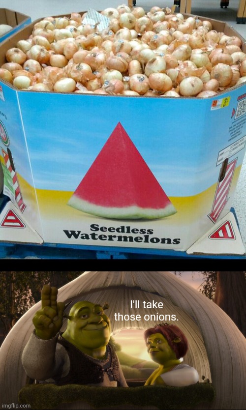 Onions | I'll take those onions. | image tagged in shrek fiona onion carriage,onions,onion,watermelons,you had one job,memes | made w/ Imgflip meme maker