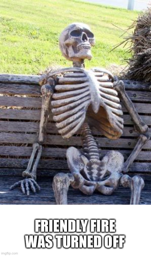 Waiting Skeleton Meme | FRIENDLY FIRE WAS TURNED OFF | image tagged in memes,waiting skeleton | made w/ Imgflip meme maker