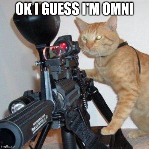 cat with gun | OK I GUESS I'M OMNI | image tagged in cat with gun | made w/ Imgflip meme maker