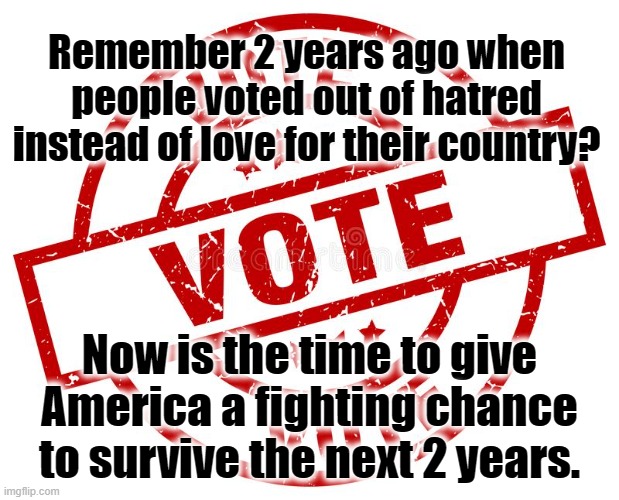 VOTE | Remember 2 years ago when people voted out of hatred instead of love for their country? Now is the time to give America a fighting chance to survive the next 2 years. | image tagged in vote | made w/ Imgflip meme maker