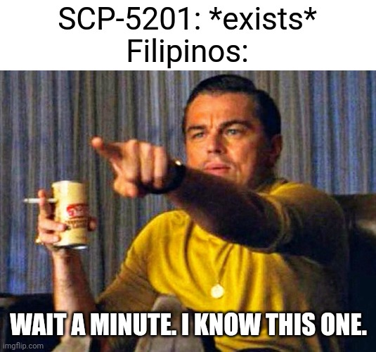 Leonardo Dicaprio pointing at tv | SCP-5201: *exists*
Filipinos:; WAIT A MINUTE. I KNOW THIS ONE. | image tagged in memes,leonardo dicaprio pointing at tv,scp meme,philippines,wait a minute | made w/ Imgflip meme maker