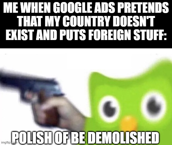 the yt ads in swedish, maaaan... | ME WHEN GOOGLE ADS PRETENDS THAT MY COUNTRY DOESN'T EXIST AND PUTS FOREIGN STUFF:; POLISH OF BE DEMOLISHED | image tagged in duolingo gun,polish or be demolished,duolingo | made w/ Imgflip meme maker