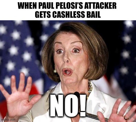 What’s good for the goose is good for the gander | WHEN PAUL PELOSI’S ATTACKER 
GETS CASHLESS BAIL; NO! | image tagged in pelosi oh no | made w/ Imgflip meme maker