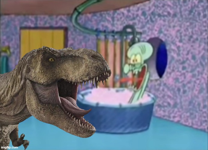 Rexy Drops By Squidward's House | image tagged in x drops by squidward's house,rexy,jurassic park,squidward,squidward tentacles,drops by squidward's house | made w/ Imgflip meme maker