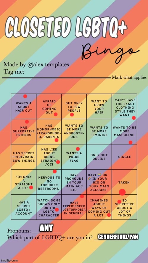 Closeted LGBTQ+ Bingo | ANY; GENDERFLUID/PAN | image tagged in closeted lgbtq bingo | made w/ Imgflip meme maker