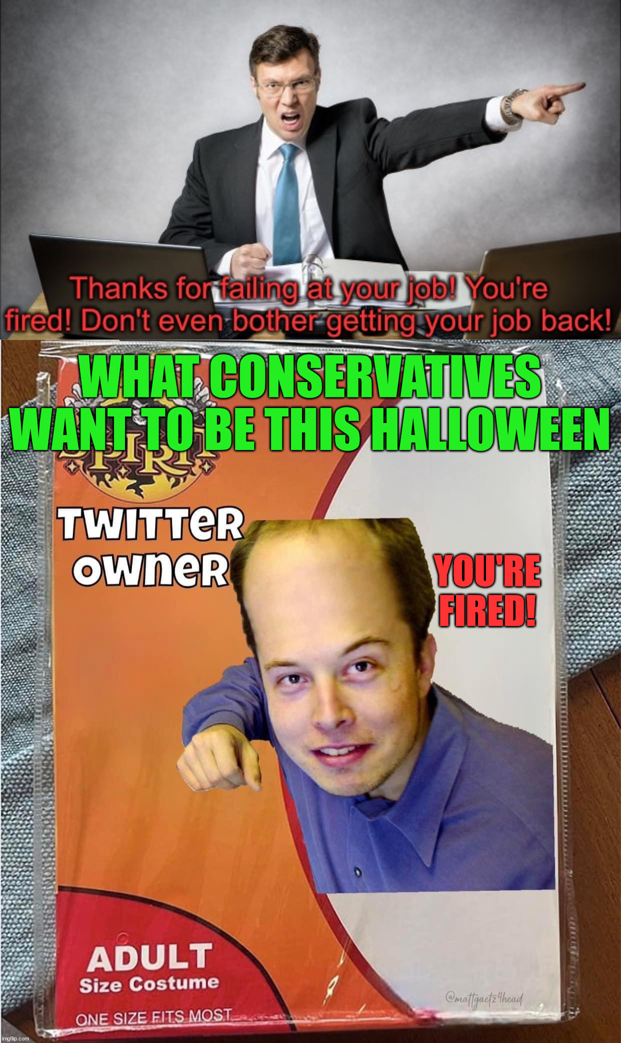 WHAT CONSERVATIVES WANT TO BE THIS HALLOWEEN; YOU'RE FIRED! | image tagged in thanks for failing at your job,political meme | made w/ Imgflip meme maker