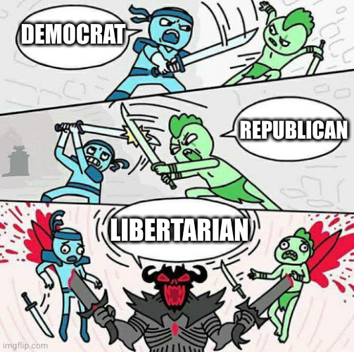 Sword fight | DEMOCRAT; REPUBLICAN; LIBERTARIAN | image tagged in sword fight | made w/ Imgflip meme maker