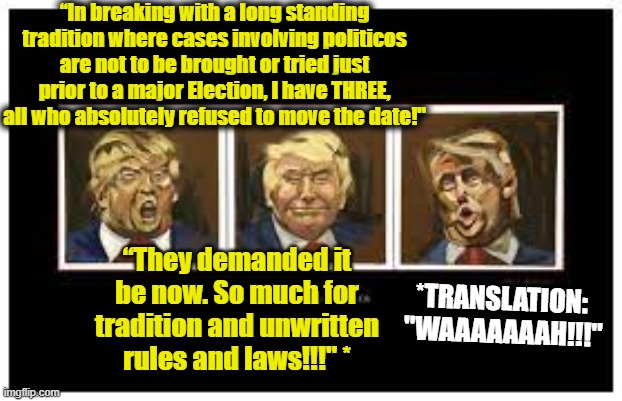 Trump lawsuits are bigly unfair! | “In breaking with a long standing tradition where cases involving politicos are not to be brought or tried just prior to a major Election, I have THREE, all who absolutely refused to move the date!"; *TRANSLATION:  "WAAAAAAAH!!!"; “They demanded it be now. So much for tradition and unwritten rules and laws!!!" * | image tagged in donald trump,trump,donald trump approves,donald trump is an idiot,maga,whiners | made w/ Imgflip meme maker