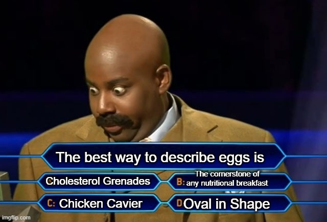Who wants to be a millionaire? | The best way to describe eggs is; The cornerstone of any nutritional breakfast; Cholesterol Grenades; Oval in Shape; Chicken Cavier | image tagged in who wants to be a millionaire | made w/ Imgflip meme maker