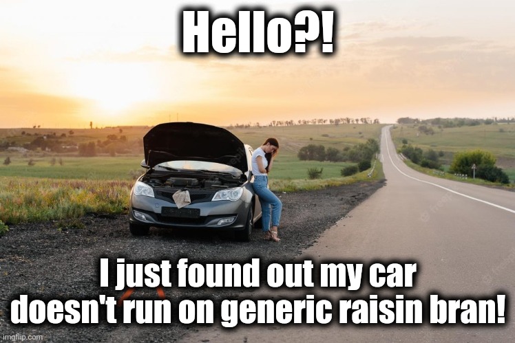 Hello?! I just found out my car doesn't run on generic raisin bran! | made w/ Imgflip meme maker