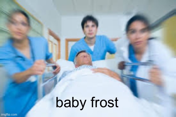 Team rushing person to emergency room | baby frost | image tagged in team rushing person to emergency room | made w/ Imgflip meme maker