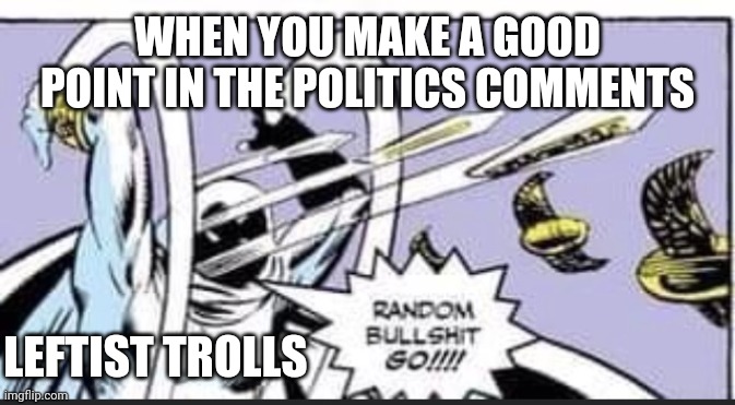 They do it to bury your point | WHEN YOU MAKE A GOOD POINT IN THE POLITICS COMMENTS; LEFTIST TROLLS | image tagged in random bullshit go | made w/ Imgflip meme maker