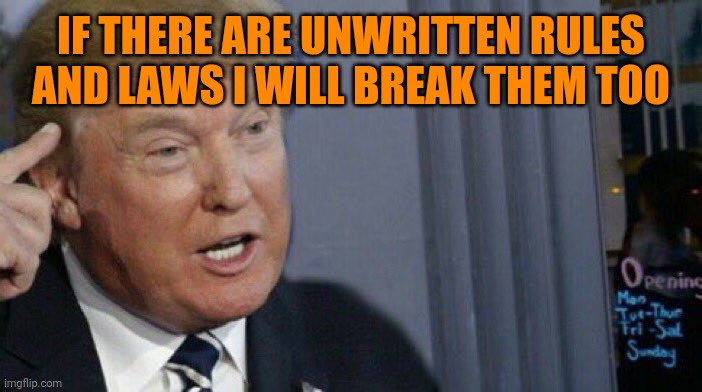 Trump Roll Safe | IF THERE ARE UNWRITTEN RULES AND LAWS I WILL BREAK THEM TOO | image tagged in trump roll safe | made w/ Imgflip meme maker