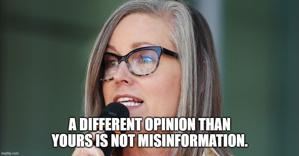 A different opinion than yours is not misinformation. | A DIFFERENT OPINION THAN YOURS IS NOT MISINFORMATION. | image tagged in katie hobbs,misinformation | made w/ Imgflip meme maker