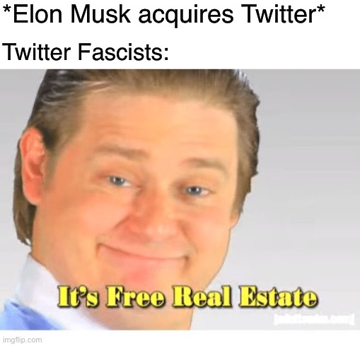 The fascists are back… well at least more of them now. | *Elon Musk acquires Twitter*; Twitter Fascists: | image tagged in it's free real estate,fascists,fascism,nazis,twitter,elon musk | made w/ Imgflip meme maker