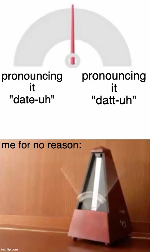 Metronome |  pronouncing it "datt-uh"; pronouncing it "date-uh"; me for no reason: | image tagged in metronome | made w/ Imgflip meme maker