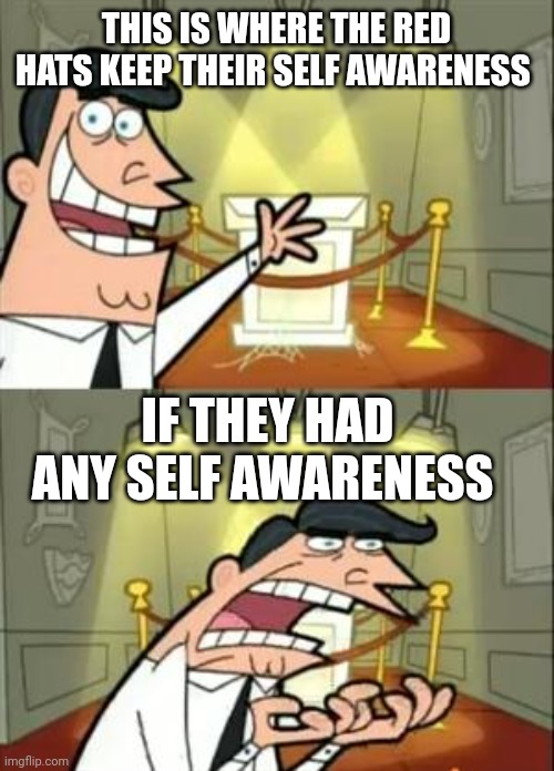 This Is Where I'd Put My Trophy If I Had One Meme | THIS IS WHERE THE RED HATS KEEP THEIR SELF AWARENESS IF THEY HAD ANY SELF AWARENESS | image tagged in memes,this is where i'd put my trophy if i had one | made w/ Imgflip meme maker