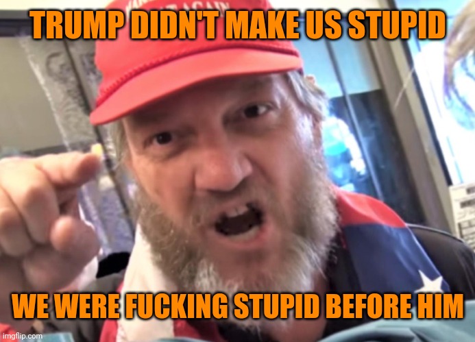 Angry Trumper MAGA White Supremacist | TRUMP DIDN'T MAKE US STUPID WE WERE FUCKING STUPID BEFORE HIM | image tagged in angry trumper maga white supremacist | made w/ Imgflip meme maker