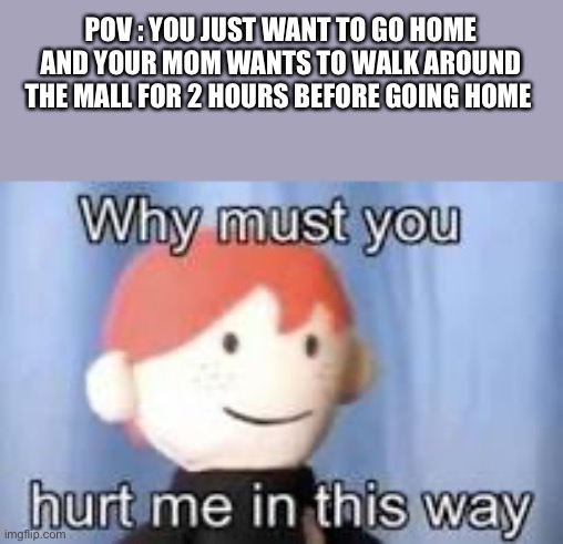 Relatable? | POV : YOU JUST WANT TO GO HOME AND YOUR MOM WANTS TO WALK AROUND THE MALL FOR 2 HOURS BEFORE GOING HOME | image tagged in why must you hurt me in this way | made w/ Imgflip meme maker