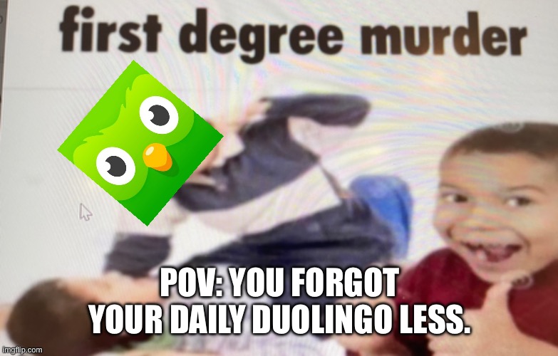 Duo | POV: YOU FORGOT YOUR DAILY DUOLINGO LESS. | image tagged in duolingo | made w/ Imgflip meme maker