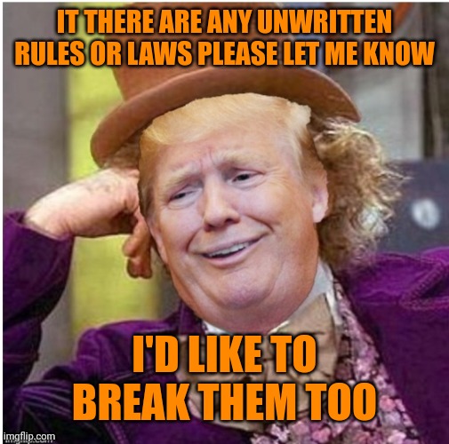 Wonka Trump | IT THERE ARE ANY UNWRITTEN RULES OR LAWS PLEASE LET ME KNOW; I'D LIKE TO BREAK THEM TOO | image tagged in wonka trump | made w/ Imgflip meme maker