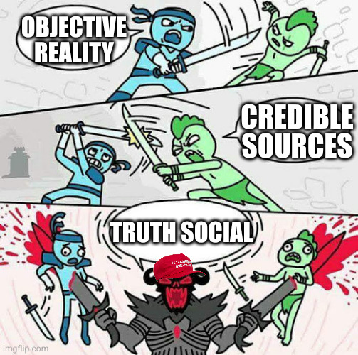 Sword fight | OBJECTIVE REALITY; CREDIBLE SOURCES; TRUTH SOCIAL | image tagged in sword fight | made w/ Imgflip meme maker