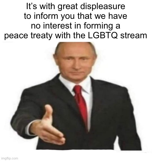 YOU SHOULD ACTIVELY BE CYBERBULLIED | It’s with great displeasure to inform you that we have no interest in forming a peace treaty with the LGBTQ stream | image tagged in you should actively be cyberbullied | made w/ Imgflip meme maker