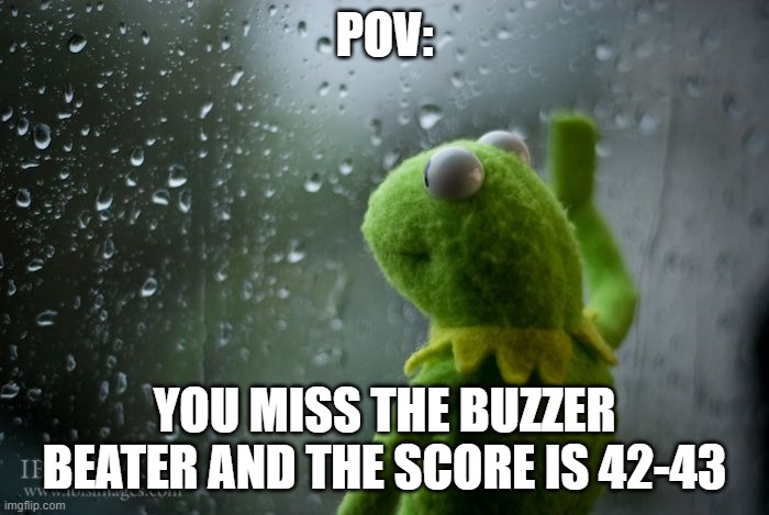 So sad but so true | POV:; YOU MISS THE BUZZER BEATER AND THE SCORE IS 42-43 | image tagged in kermit window | made w/ Imgflip meme maker