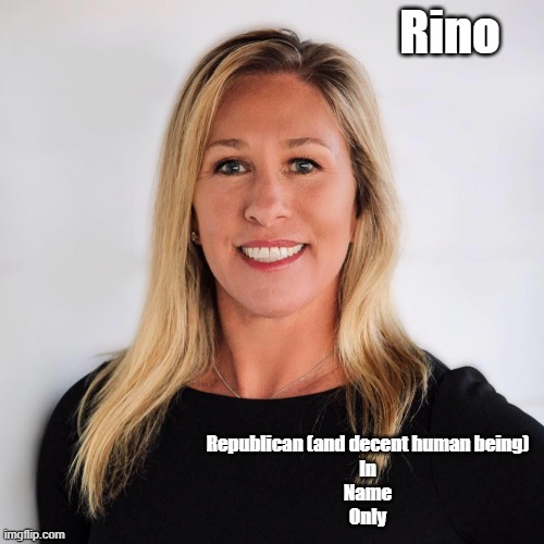 Now she is supporting death threats, get her outta here | Rino; Republican (and decent human being)
In
Name
Only | image tagged in marjorie taylor greene,republican,death threat | made w/ Imgflip meme maker