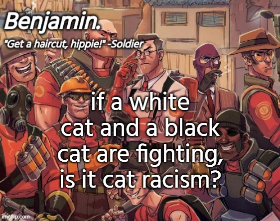 tf2 temp | if a white cat and a black cat are fighting, is it cat racism? | image tagged in tf2 temp | made w/ Imgflip meme maker