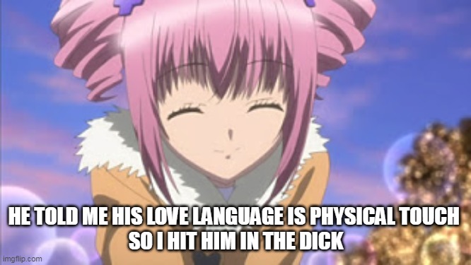 he told me his love language is physical touch So I hit him in the dick | HE TOLD ME HIS LOVE LANGUAGE IS PHYSICAL TOUCH 
SO I HIT HIM IN THE DICK | image tagged in anime girl smiling,funny,punch,dick,love language,sex | made w/ Imgflip meme maker