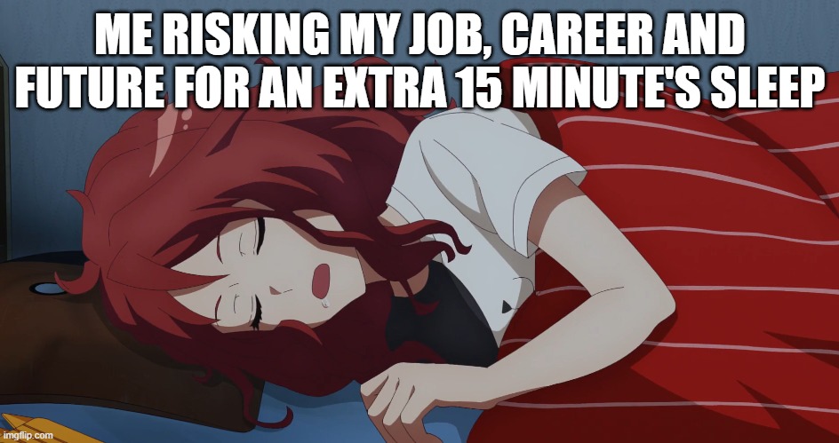 Sleep | ME RISKING MY JOB, CAREER AND FUTURE FOR AN EXTRA 15 MINUTE'S SLEEP | image tagged in sleep | made w/ Imgflip meme maker